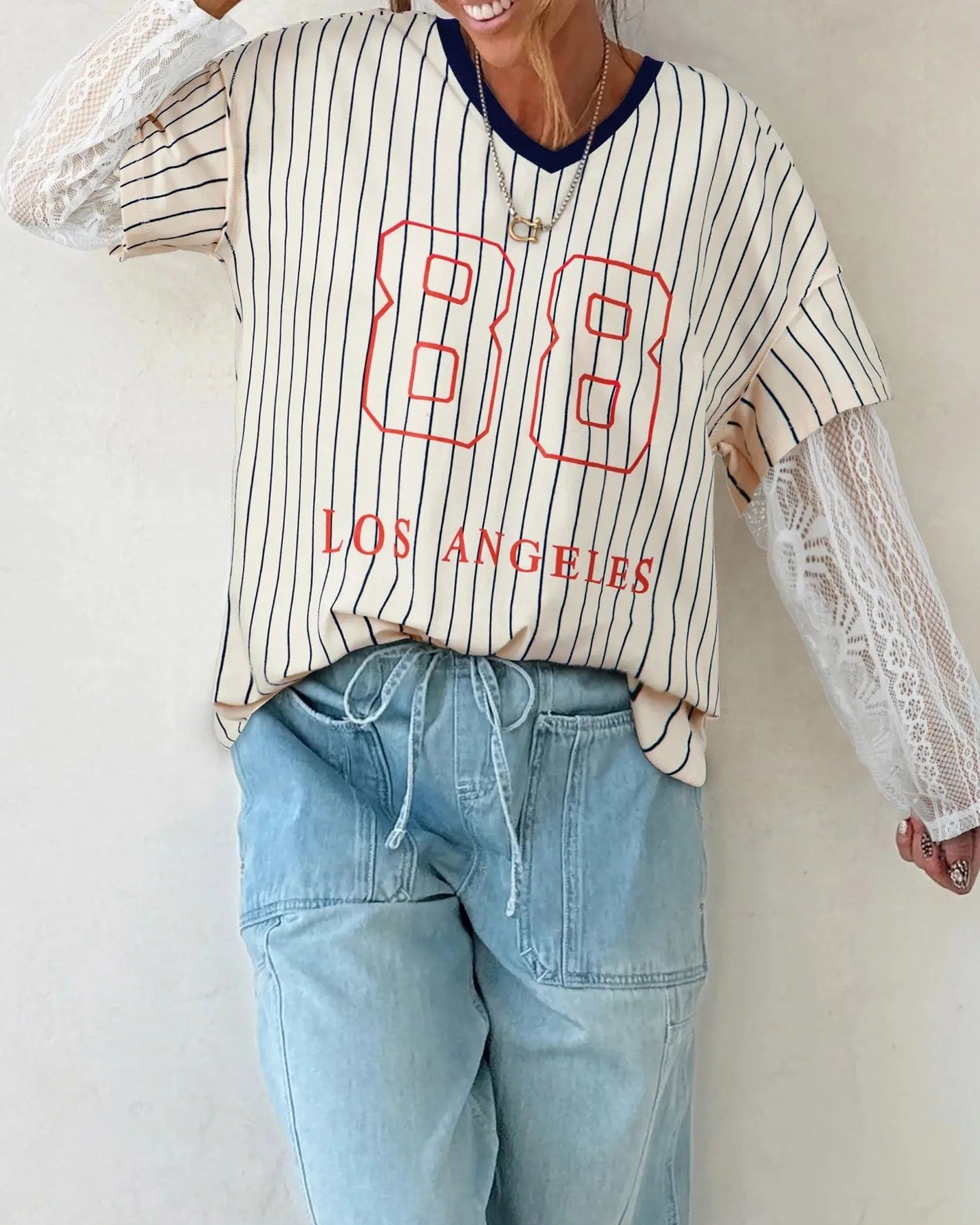 Ready for a top that turns heads?

This blue stripe patchwork V neck combines LA street vibes with sophisticated artisan details. The genuine lace patchwork adds feminine dimension while the bold graphic brings that West Coast energy.

It's the perfect piece for summer festivals, casual hangouts, or whenever you want to feel effortlessly stylish. Now at £21.74.

#LAStyle #LaceTop #SummerFashion #PatchworkTop #WomensFashion