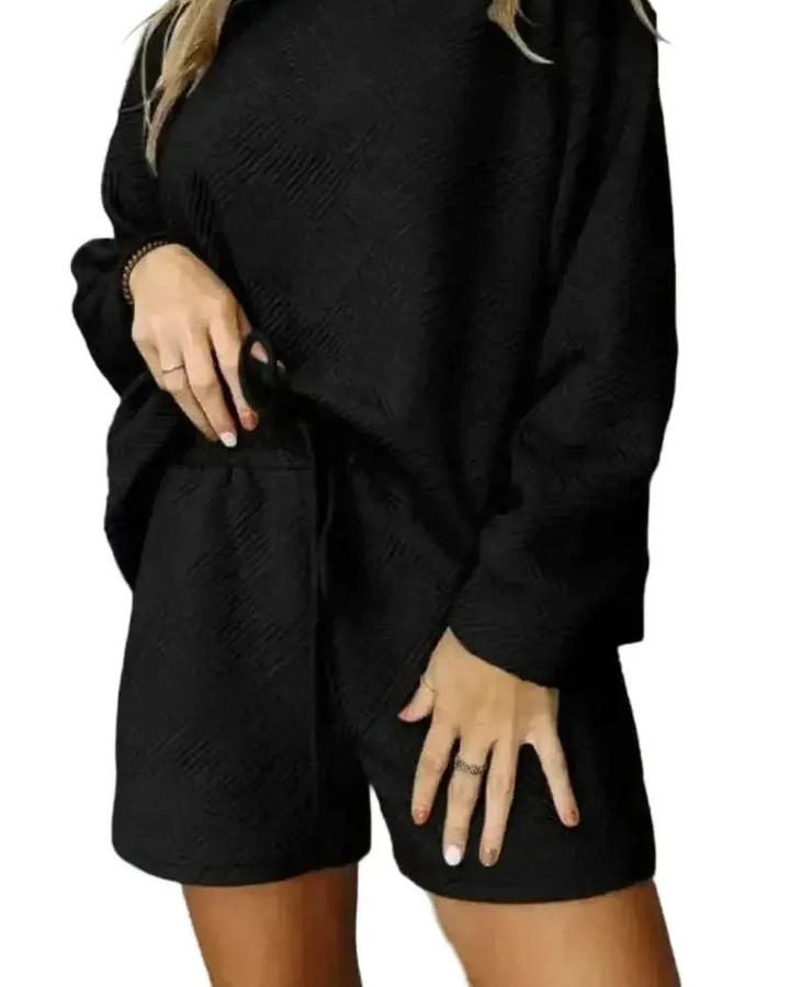 Textured ribbed fabric meets effortless style in this Black Loungewear Set.

The long-sleeve top pairs perfectly with drawstring shorts—giving you all-day warmth without sacrificing that elevated, put-together vibe. Whether you're relaxing at home or running out for errands, this set does it all.

The adjustable waist means a custom fit every time. And in classic black? It goes with everything in your closet.

Comfort that actually looks good. Now at £25.21.

#BlackLoungewear #ComfyStyle #LoungewearSet #WomensFashion #CozyVibes