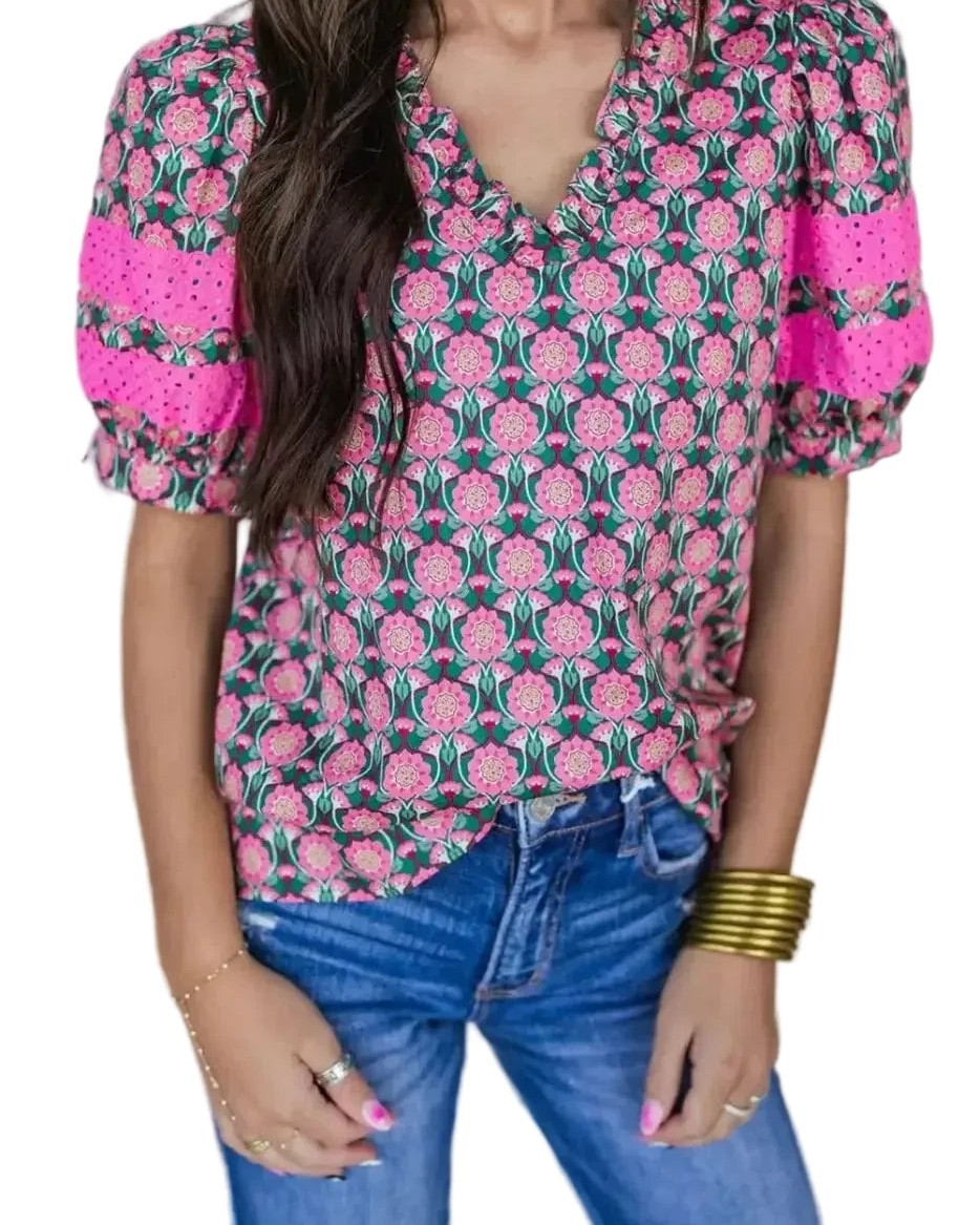 100% polyester means zero fuss, maximum style. This Sachet Pink Ruffle Puff Sleeve Blouse is lightweight, easy to care for, and designed to turn heads.

The romantic abstract floral print paired with statement puff sleeves and flattering V-neckline gives you that effortless feminine edge for any occasion—whether you're dressing up or keeping it casual.

Now at £22.49, it's the perfect addition to your wardrobe.

Shop now: 

#PuffSleeveBlouse #FloralBlouseWomen #RuffleTop #PinkBlouse #SummerStyle