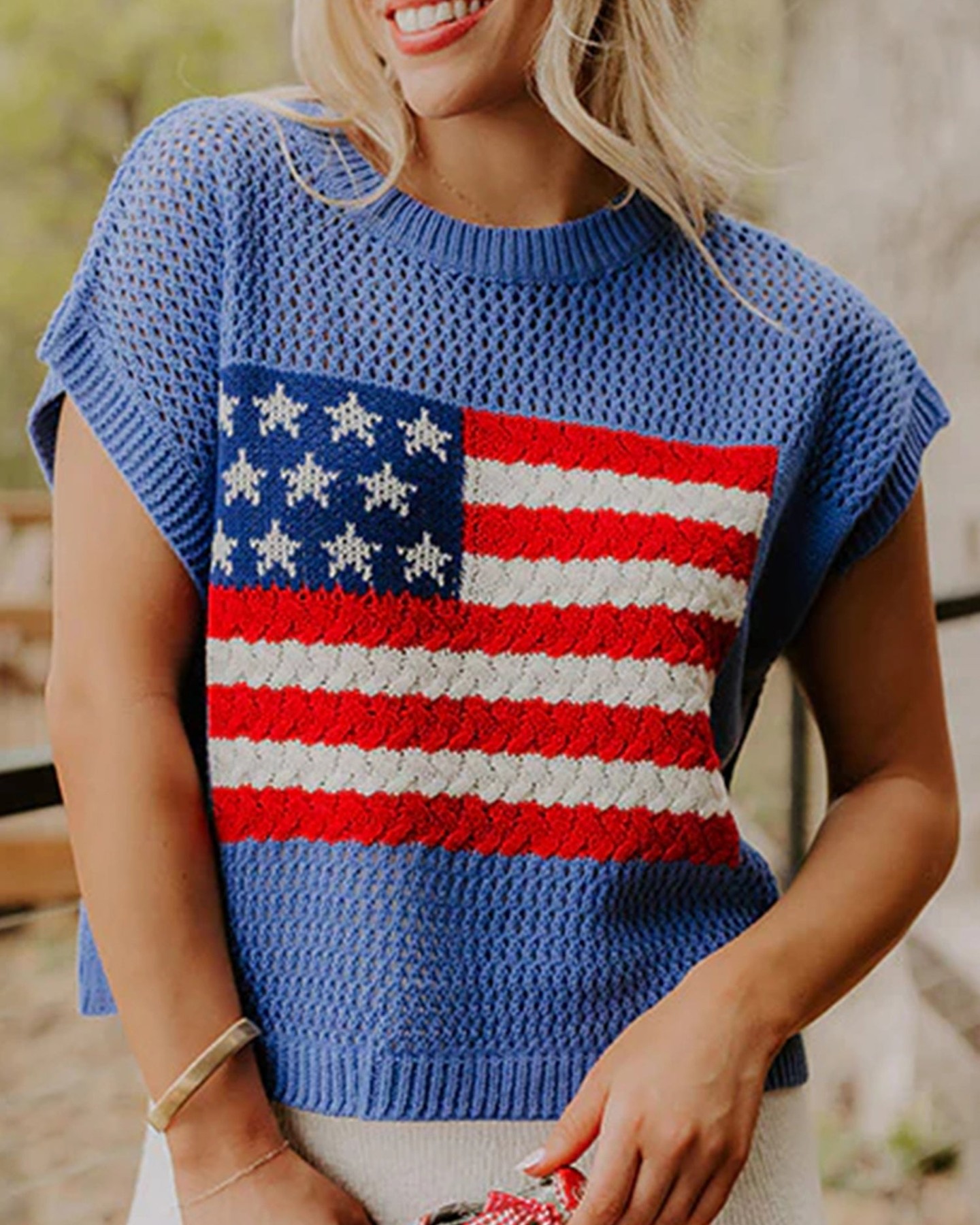 Patriotic knitwear doesn't have to feel heavy or overdone—this flag graphic sweater proves it.

Soft, stretchy acrylic keeps you comfortable all summer long, while the crew neck and short sleeves give you that effortless casual vibe. Whether you're celebrating the Fourth of July or just want a statement piece that actually feels good to wear, this sky blue top delivers both style and comfort.

Now at £19.28—grab yours before it's gone.

#FlagGraphicTop #PatrioticStyle #SummerKnitwear #CasualTopUK #GraphicSweater