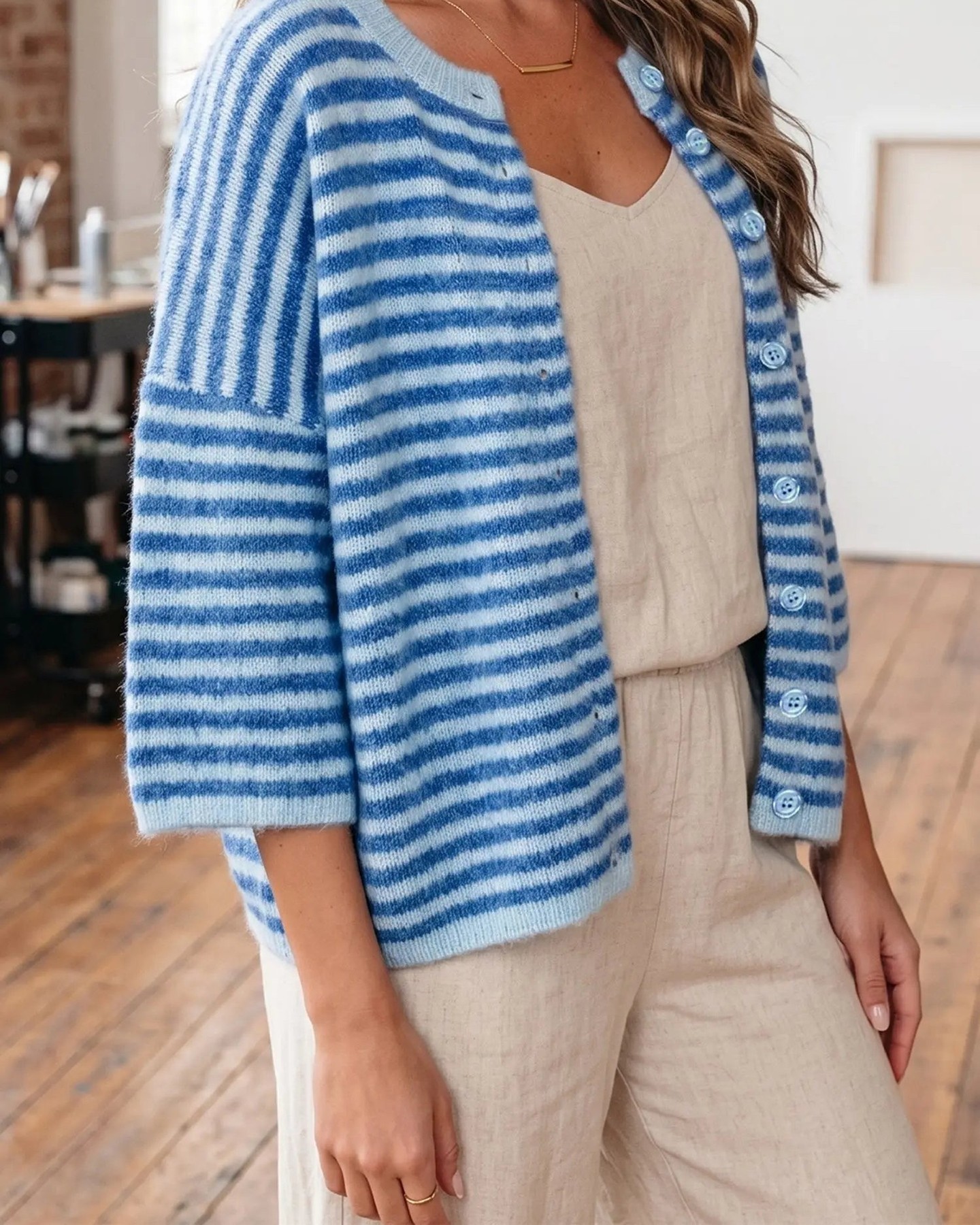 Classic stripes never go out of style—and this blue knit cardigan proves it.

Effortlessly throw it on over anything. The relaxed half sleeves and button-down design make it the ultimate layering piece for denim, neutrals, or all black looks.

Soft acrylic blend that feels great all day long.

Timeless style doesn't have to break the bank. Get yours now at £36.48.

#BlueStriped #KnitCardigan #ButtonDownStyle #CasualWear #WomensFashion