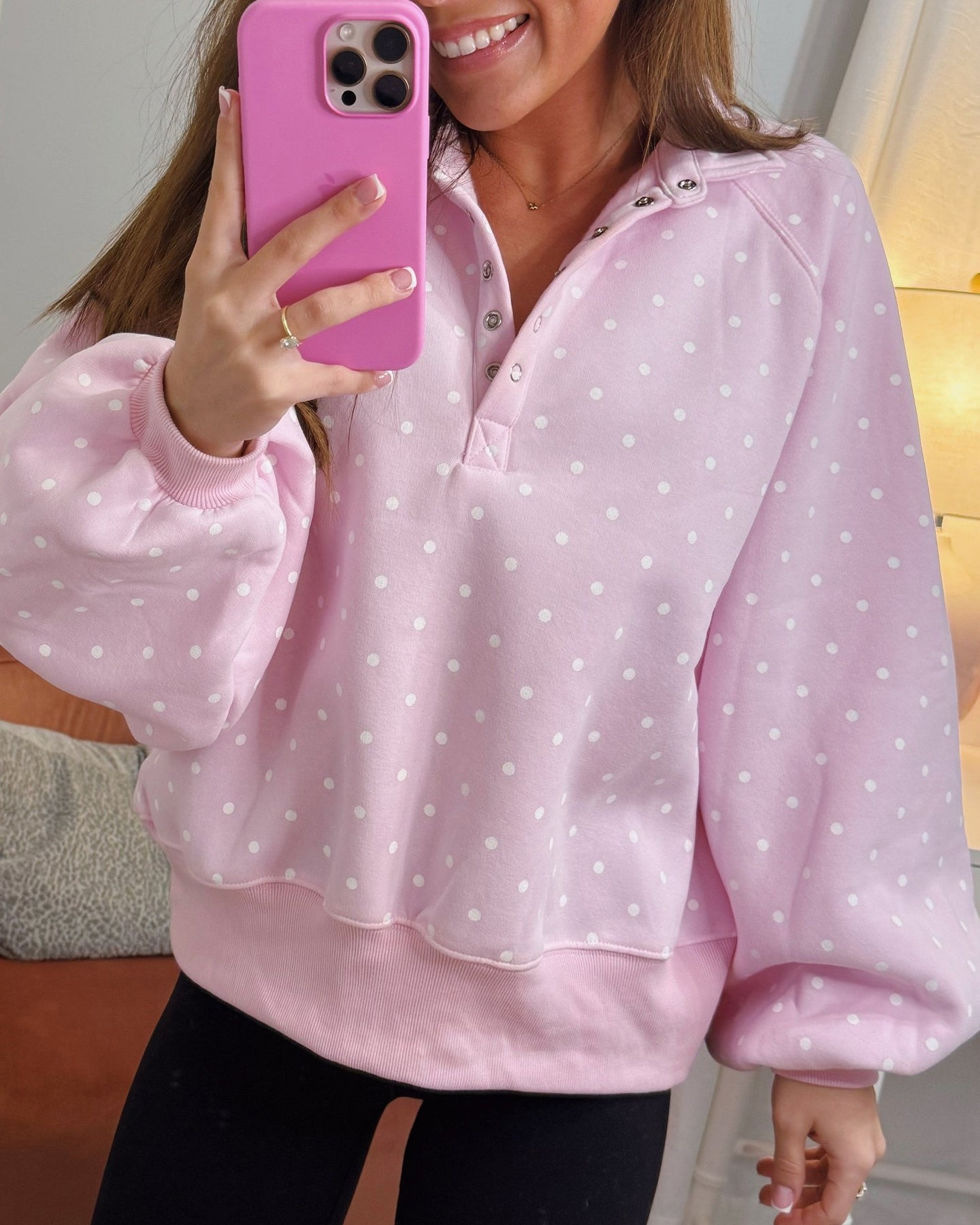 Throwing on a sweatshirt that actually makes you look put-together—no effort required.

This pink polka dot pullover does the heavy lifting with its standout metal button collar detail. Pair it with jeans and suddenly your casual look feels intentional and effortlessly stylish.

#CasualFashion #SweatshirtStyle #PolkaDotPrint #WomensFashion #EverydayStyle