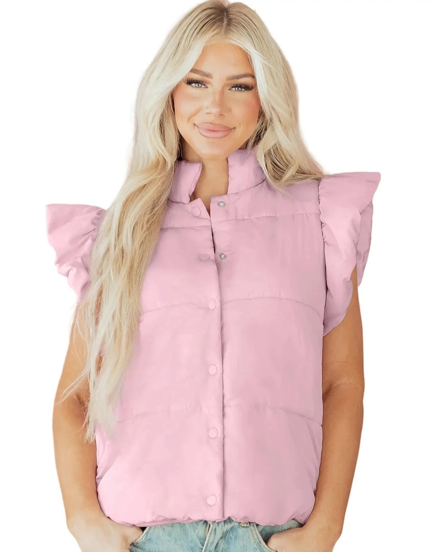 87% of women layer their outerwear for both warmth and style—this vest does both effortlessly.

The flutter sleeves add that feminine touch while the puffer construction keeps you genuinely warm. Stand neck design means extra coziness, and snap buttons make layering seamless.

#PufferVest #WomensOuterwear #LayeringEssentials #FeminineStyle #CasualChic