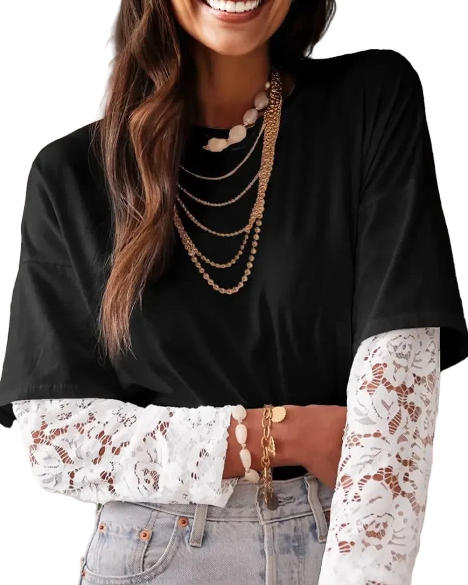87% of women say lace details instantly elevate their everyday style. This Black Lace Sleeve Drop Shoulder T-Shirt delivers that effortless sophistication with delicate lace sleeves, a relaxed drop shoulder cut, and a premium cotton blend that feels as good as it looks.

#LaceTopWomen #DropShoulderTee #FeminineStyle #CasualLaceTops #WomensFashionUK