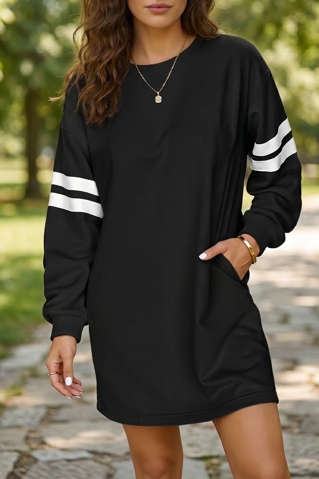 Weekend coffee runs turning into dinner plans without changing outfits—that's the varsity contrast banded sleeve sweatshirt mini shift dress doing the heavy lifting.

The colour-blocking and shift silhouette handle all the styling for you. Banded sleeves keep it polished, pockets keep it practical, and the relaxed-cool hybrid vibe keeps you looking effortlessly intentional from morning through evening.

#AthleisureDress #SweatshirtDress #OffDutyStyle #MiniDressUK #VarsityStyle