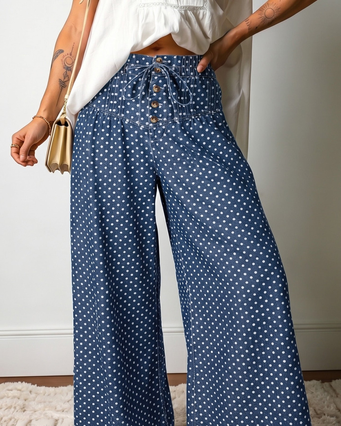Your outfit just got effortless.

These sky blue polka dot pleated wide legs do all the styling work for you — the playful print, sweeping silhouette, and pleated detail create instant impact. Retro-inspired yet totally contemporary, they're the statement bottom that transforms any look.

#StatementJeans #WideLegDenim #PolkaDotStyle #SummerFashion #WomenJeansUK