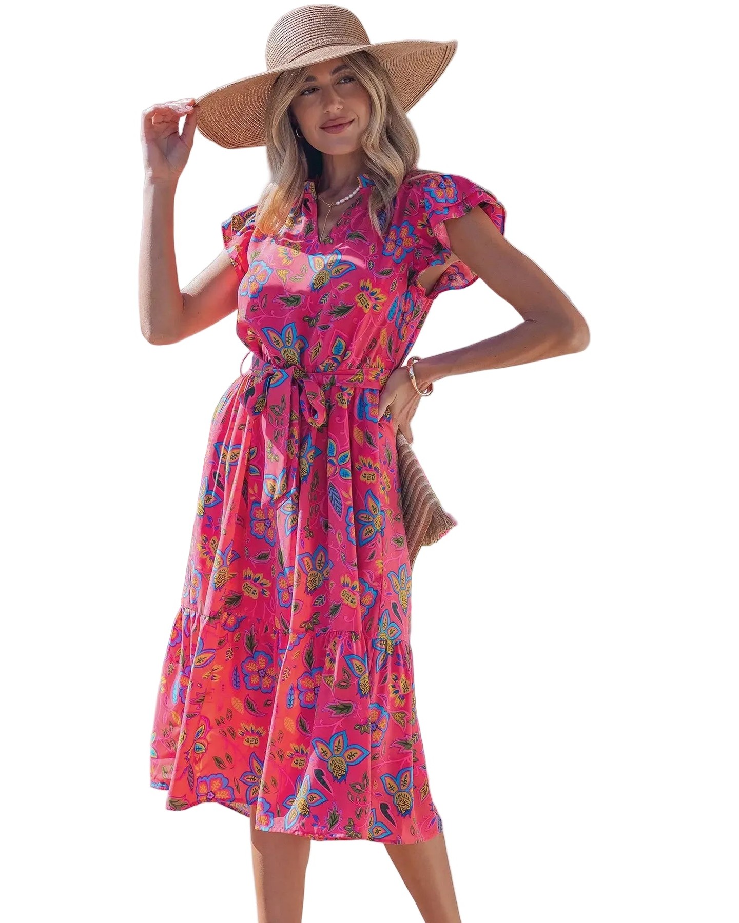 You slip on the dress and instantly feel put-together—the belt cinches your waist perfectly, the flutter sleeves catch the light with every move, and you remember those pockets are there for your phone.

This rose floral midi dress does the heavy lifting for you. The split neckline keeps it modern, the high waist flatters, and the delicate flutter sleeves add that effortless feminine grace. Real pockets mean you're actually comfortable all day long.

Now at £45.91. Shop the new season essential.

#RoseFlorals #MidiDress #FlutterSleeves #DressWithPockets #SummerStyle