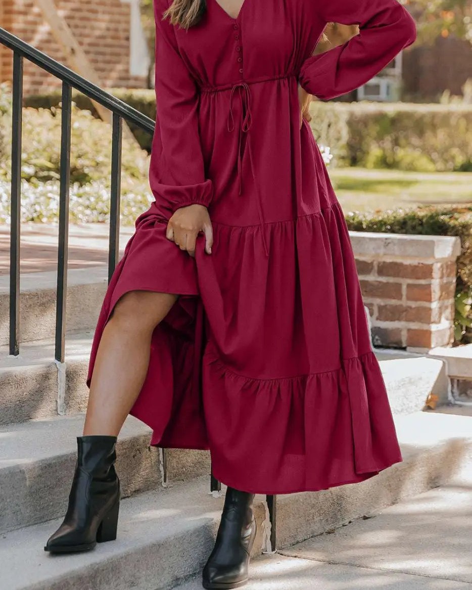 Effortless elegance meets romantic movement in one dress.

This burgundy tiered maxi transitions seamlessly from morning coffee to evening plans. The cascading layers, long sleeves, and flattering V-neck create a polished look that works year-round.

#BurgundyMaxiDress #ElegantStyle #DayToNightDress #TieredMaxi #WomensFashionUK