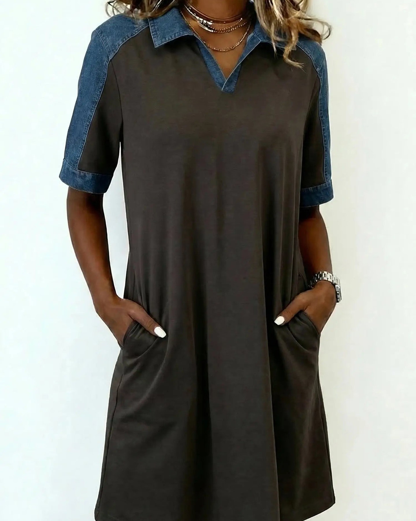 Denim patchwork meets modern minimalism in one effortlessly wearable dress.

The colour block polo collar tee dress combines soft cotton stretch with a flattering shift silhouette—comfortable enough for all day, distinctive enough to turn heads. Carbon grey perfection.

#PoloCollarDress #DenimPatchwork #CasualStyle #TShirtDress #SmartCasualWear