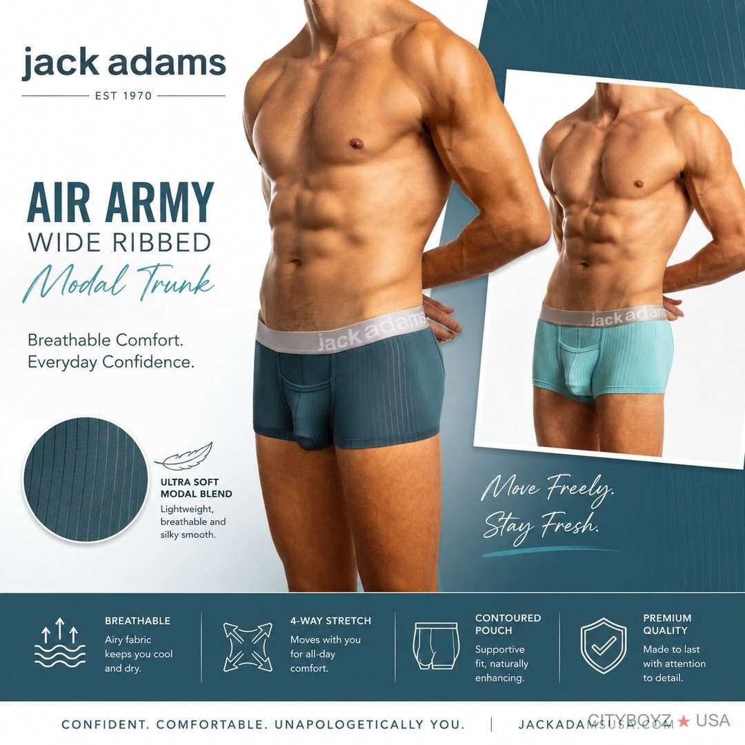 NEW COLORS! 
Jack Adams Air Army Wide Ribbed Modal Trunk, is the ultimate in lightweight and comfortable men's underwear. Crafted with the softest LENZING™ Modal material, this trunk is like wearing nothing at all. The horizontal fly and contour pouch provide quick and supportive access, while the quick-drying and sweat-wicking fabric keeps you cool and comfortable all day long. Experience the unbeatable sensation of this innovative design now.

Luxury Soft with a 4-way stretch
Fit: At the natural waistline. 4" inseam
Designed for comfort and control, this curved pouch supports and flatters your natural shape.
Supportive contour pouch with functional horizontal fly.
Recommended for men who need more support and comfort.
No-roll waistband.
Natural wicking material.
Quick dry.
Resist shrinkage and non-pilling .
Care: Material wash cold. Air dry. Do not use bleach.
Fabric: Lenzing 95% Modal and 5% Elastane.