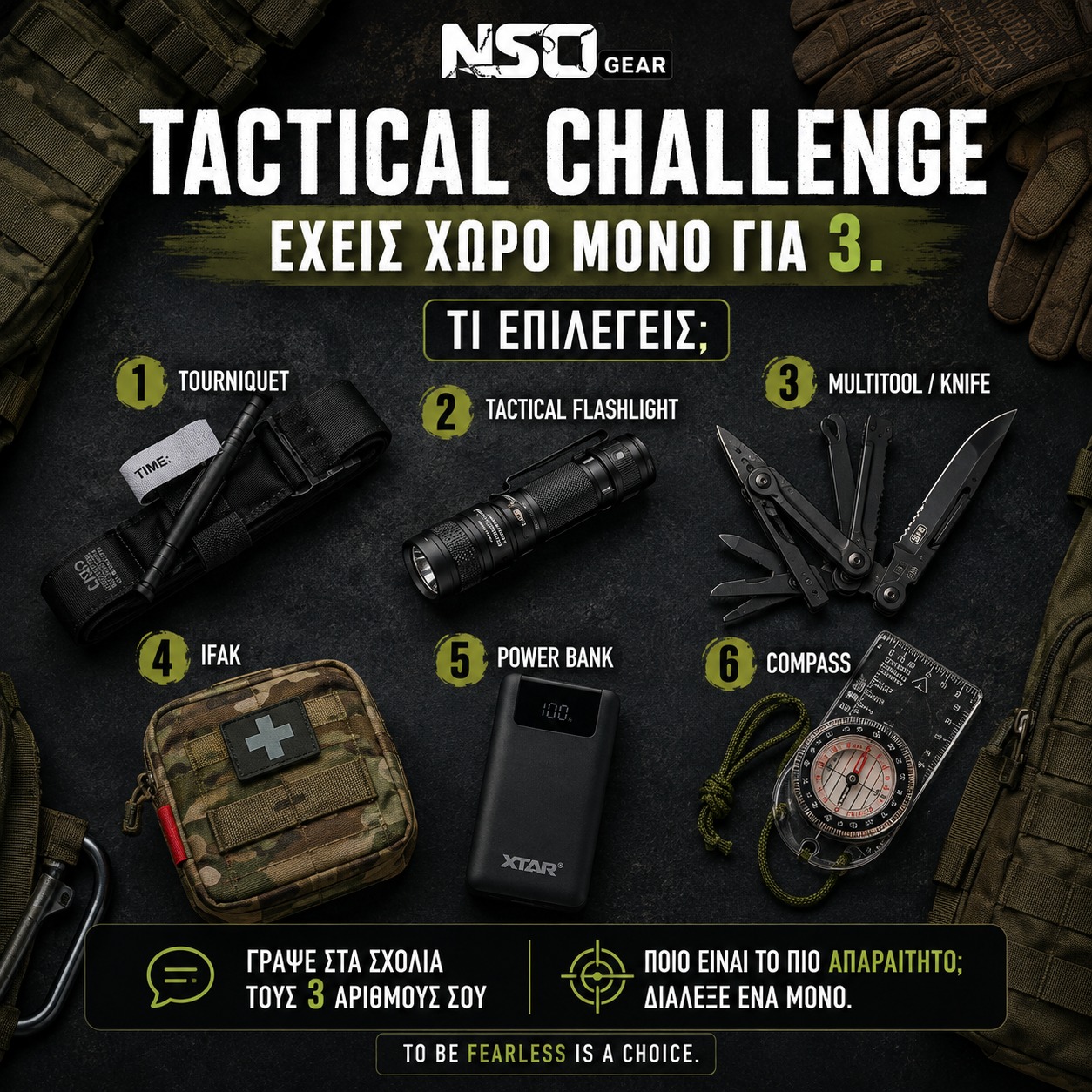 🎯 TACTICAL CHALLENGE

Έχεις χώρο να πάρεις μαζί σου ΜΟΝΟ 3.

Τι επιλέγεις; 👇

1️⃣ Tourniquet
2️⃣ Tactical Flashlight
3️⃣ Multitool / Knife
4️⃣ IFAK
5️⃣ Power Bank
6️⃣ Compass

⚠️ Δεν μπορείς να πάρεις τέταρτο. 😏

Γράψε στα σχόλια τους 3 αριθμούς σου και, αν θέλεις να το δυσκολέψουμε λίγο περισσότερο, πες μας ΓΙΑΤΙ.

Εμείς έχουμε ήδη τη δική μας τριάδα… αλλά εν θα σας την πούμε ακόμα. 😎

#NSOGear #TacticalGear #EDC #EverydayCarry #OutdoorGear #TacticalEquipment #Cyprus