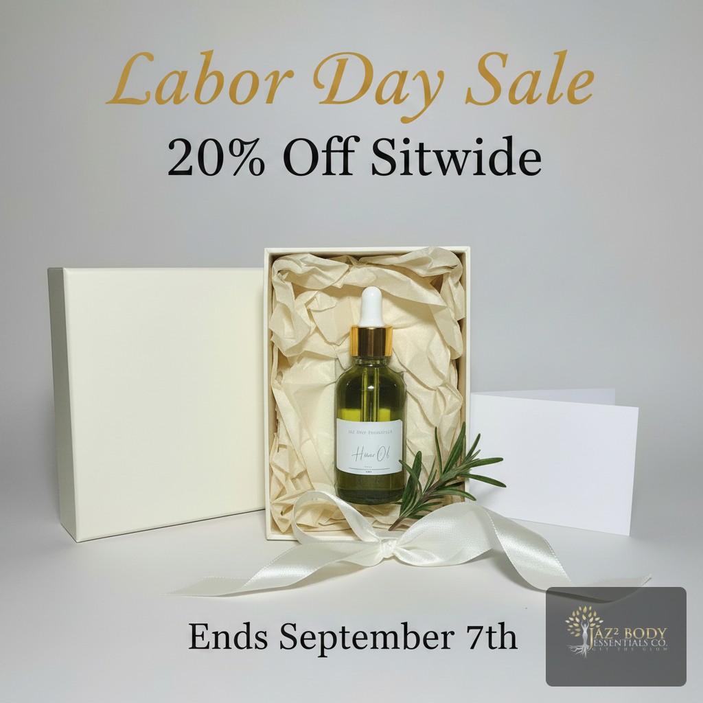 Labor Day weekend is here, and we're celebrating YOU. ✨

20% off sitewide — automatically applied at checkout. No code needed.

Just shop and save through Monday, September 7th. 🛍️

Magnesium Body Butter 🤍 Ayurvedic Hair Oils, Curl Define Gel, Rose Water Toner 🌹

Link in bio → jazbodyessentials.com

#LaborDay #JAZBodyEssentials #NaturalSkincare #CleanBeauty #SelfCareWeekend #HairCare #WellnessLifestyle #LaborDaySale