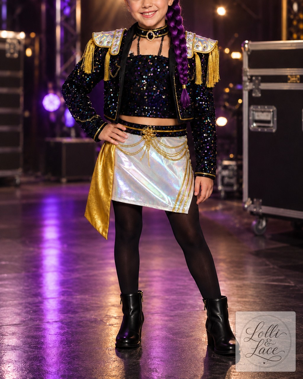 Your little performer is ready for the spotlight with this fierce Midnight Pop Star Costume & Accessory Set. Black sequins, shimmering holographic details, and dramatic gold accents create main-stage energy that screams confidence and glamour.

From the sparkling cropped jacket to the iridescent skirt, every piece is designed for girls born to perform. Complete with statement shoulder pieces, embellished belt, and all the accessories needed—this is dress-up magic at its most dazzling.

Let the adventure begin. ✨🖤

https://ssdlr.shop/l/c19c31a3

#RumiCostume #PopStarDressUp #GirlsCosplay #StageReady #DressUpMagic
